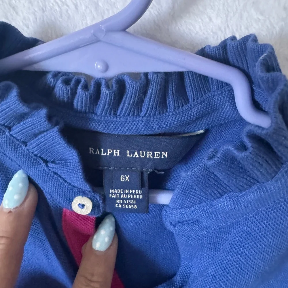 Ralph Lauren Polo Shirt Ruffle Collar 6X‎ Blue Girls